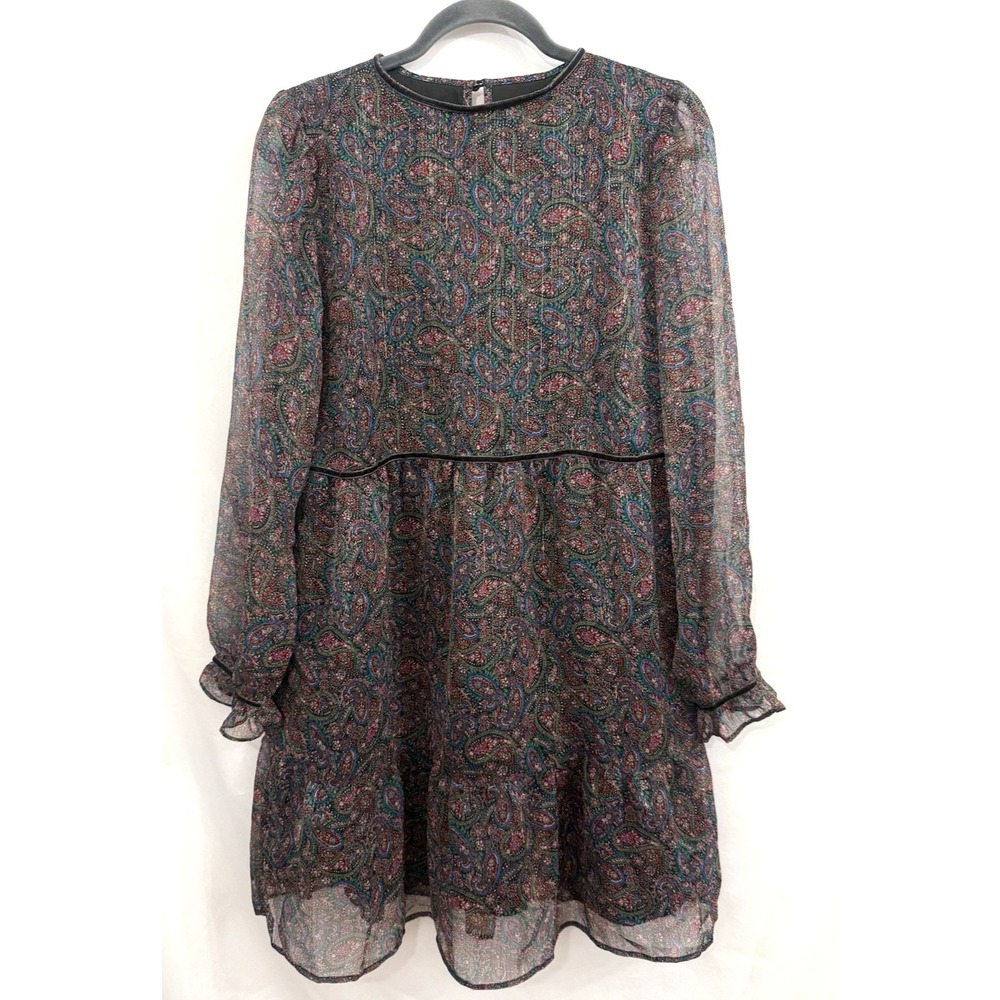 Loft Paisley Chiffon A-Line Dress Metallic Threads Womens Size M Velvet Trim